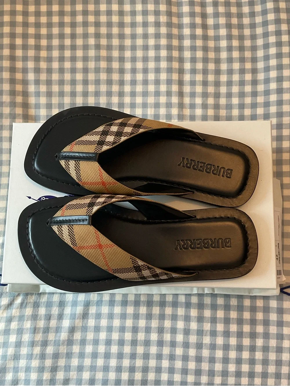 Burberry Beige Check Thong Sandals with Black Footbed